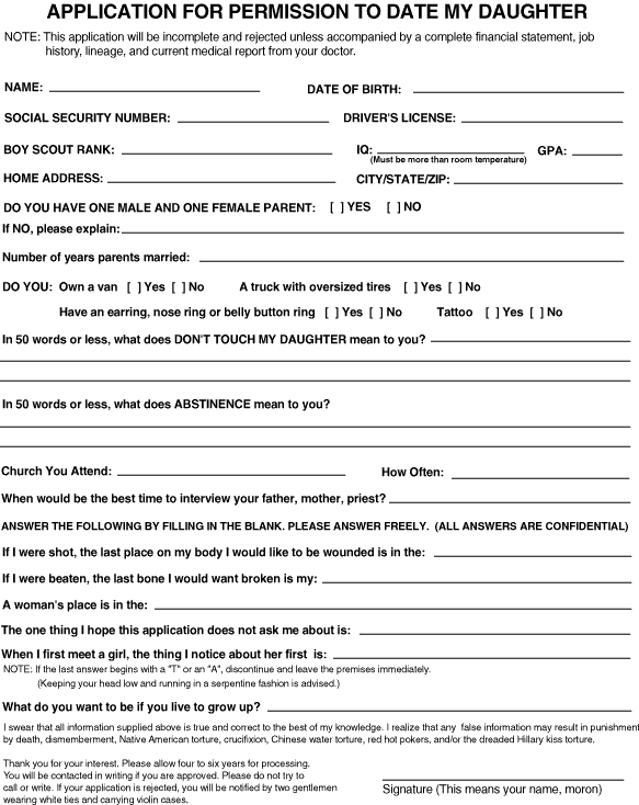 Application for you to date my daughter